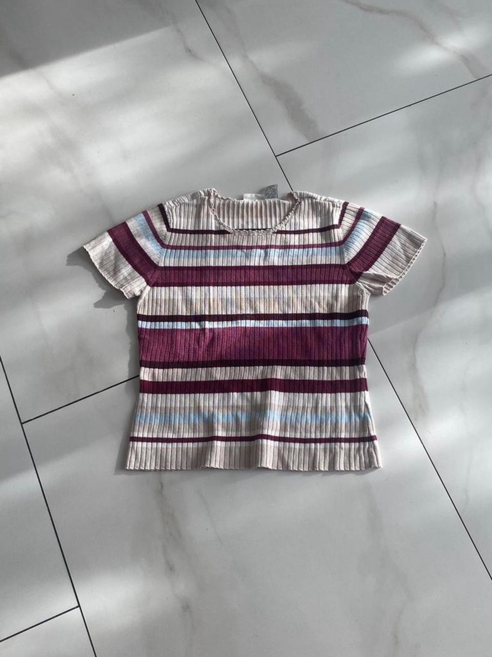 Cherokee Striped Short Sleeve Knit Top in Cream and Plum